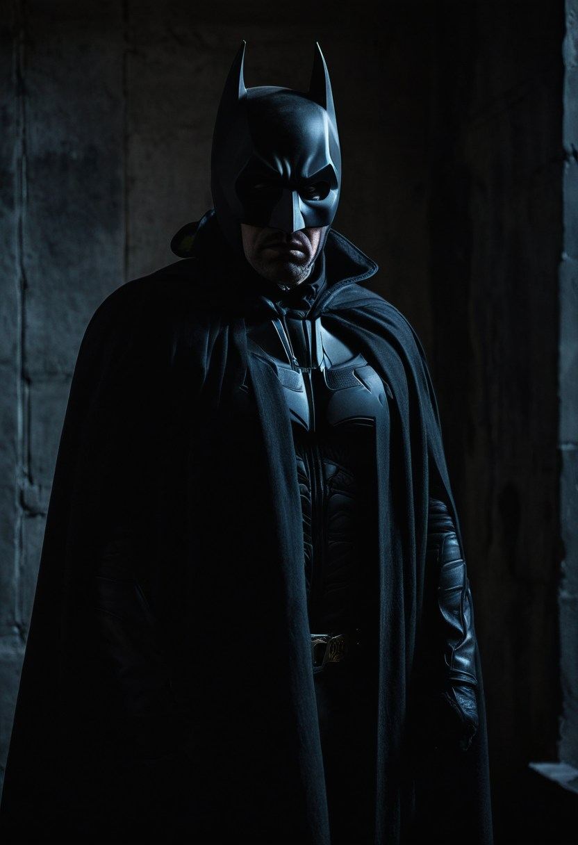 Figura de Batman noir en penumbra iluminada en azul frío: el orden del bando Héroes
