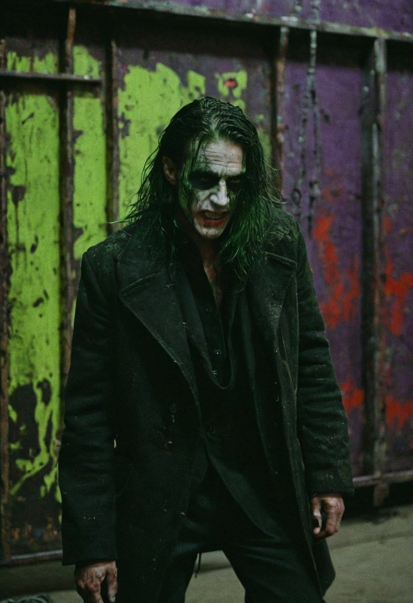 Figura del Joker estilo Heath Ledger ante una pared con grafiti verde y púrpura: el caos del bando Villanos