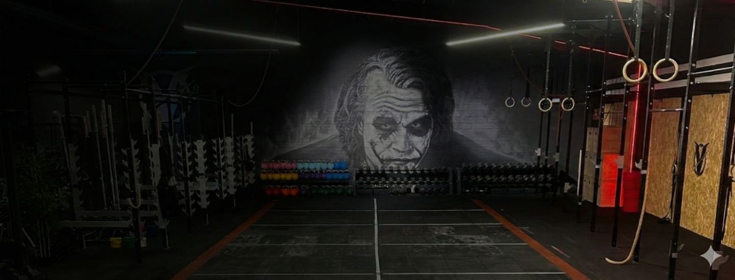 Mural del Joker con neón rojo sobre el box de Vulture