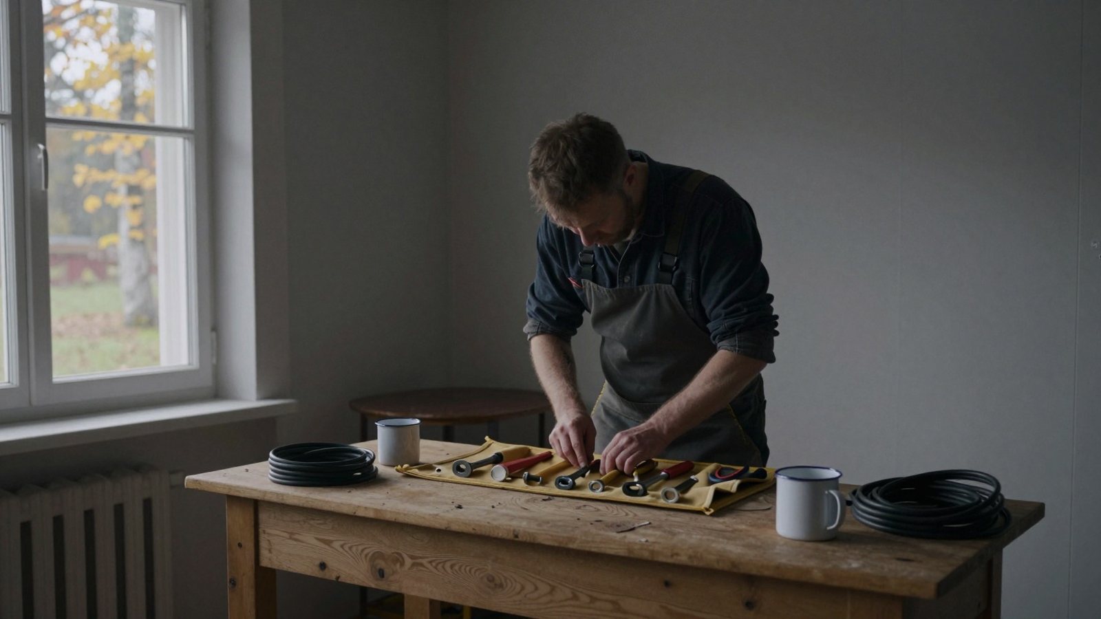 A technician rolls up hand tools at a workbench in the evening light of a Finnish workshop