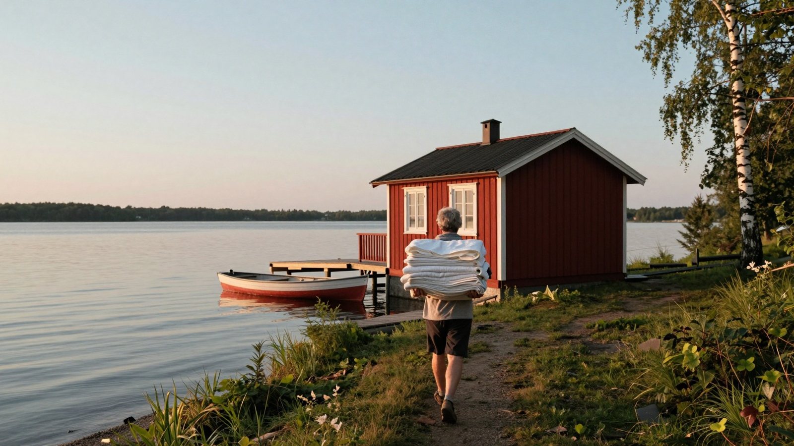 Vuokramökin omistaja kantaa puhtaita liinavaatteita punaiselle mökille järven rannalla kesäyönä