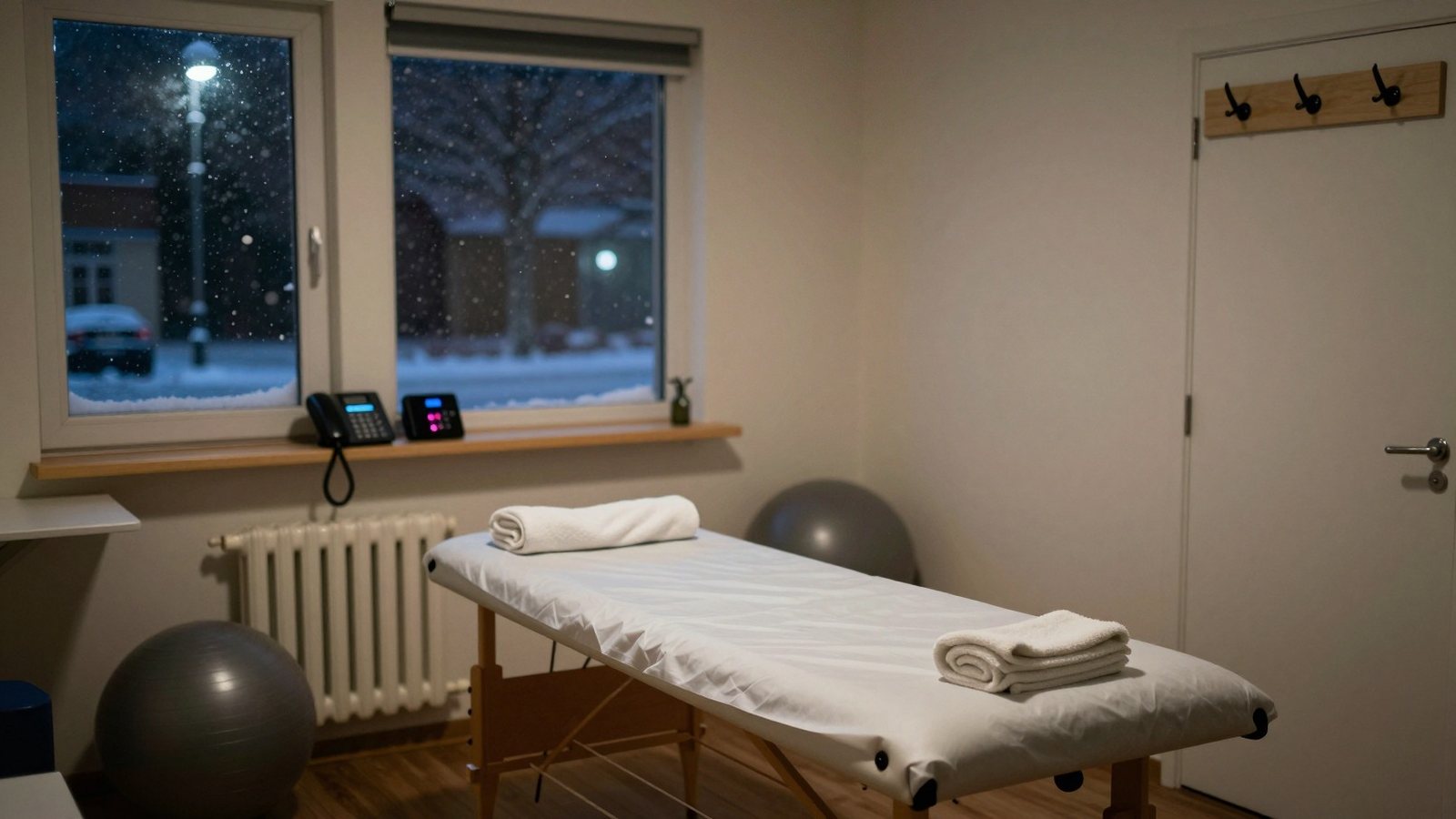 Suljettu fysioterapiastudio talviyönä, hoitopöytä hämärässä ja hyllyllä puhelin, jonka näyttö hehkuu