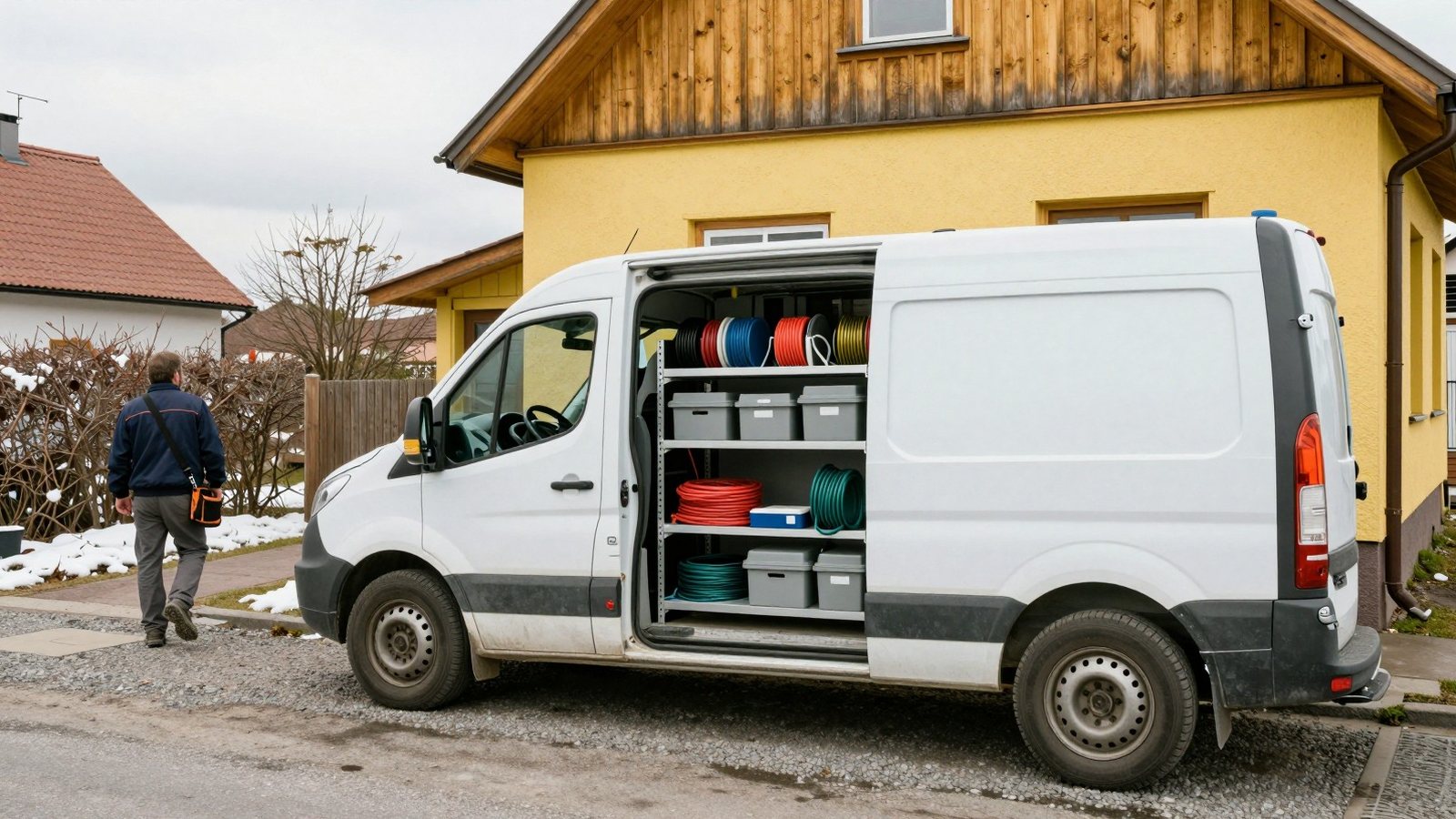 Sähköasentajan siisti pakettiauto omakotitalon edessä, sivuovi auki ja hyllyt järjestyksessä