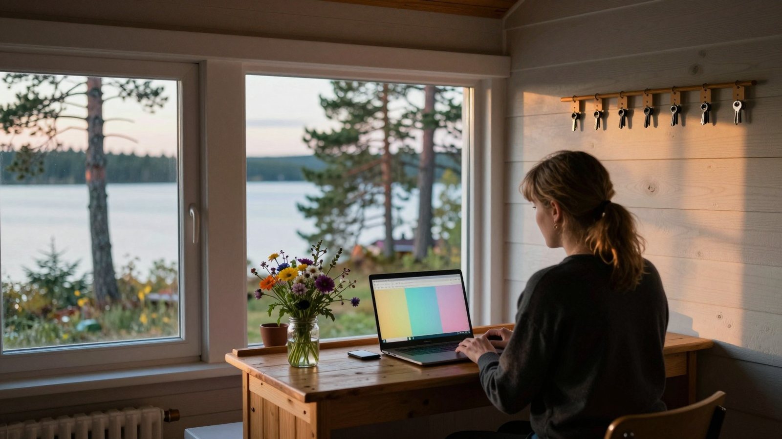 Majatalon omistaja selin vastaanottotiskin kannettavan tietokoneen ääressä elokuun ilta-auringossa