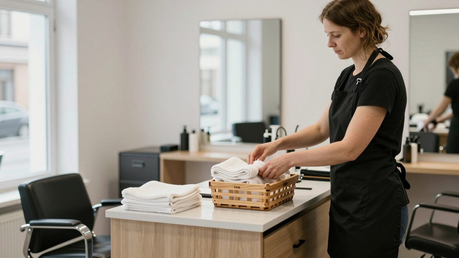 A salon worker folds towels at the reception counter of an empty hair salon in the morning light