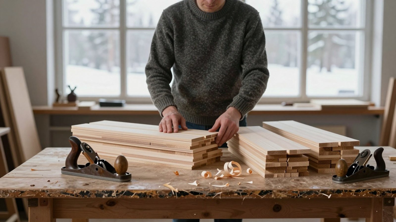 A joiner seen from behind sorting two piles of pine boards on a workbench in winter light.
