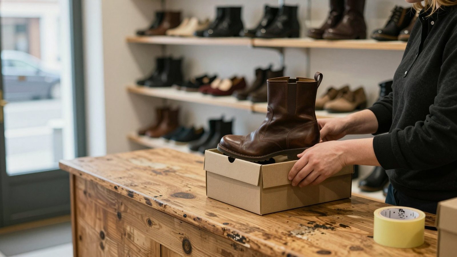A shop assistant sets a pair of returned leather boots back into a cardboard box at the counter of a Finnish shoe shop