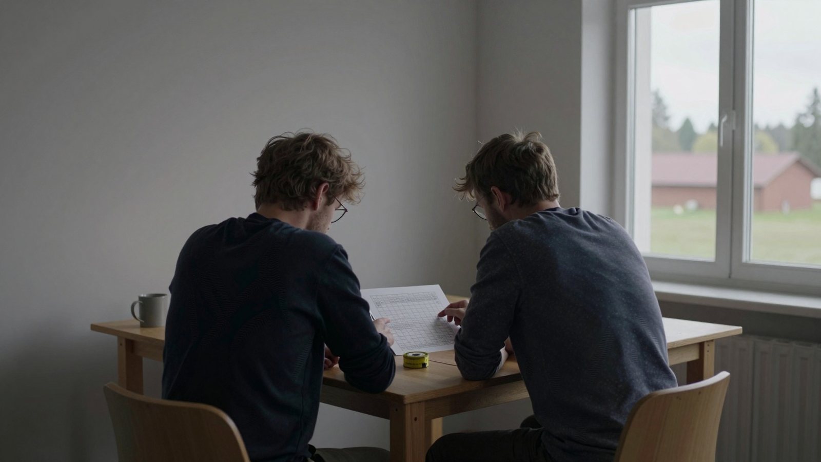 Two colleagues stand at a table in a small workshop office, looking over a printed grid of rows in the afternoon light