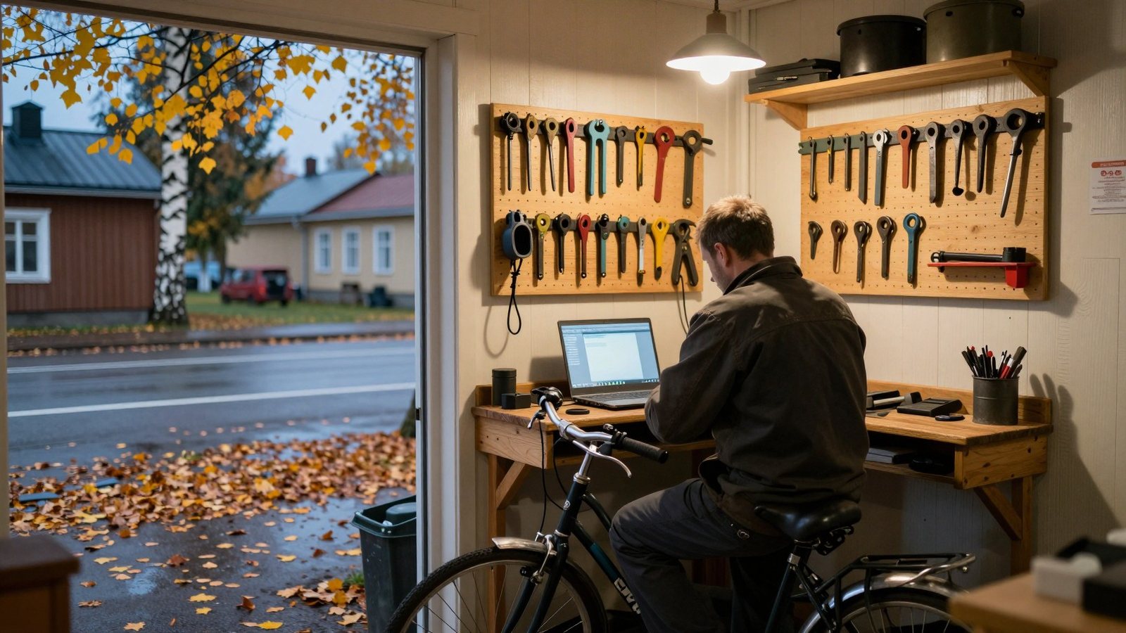 Polkupyöräkorjaamo syysiltana, mekaanikko selin korjaustelineen ääressä ja kannettava tietokone tiskillä