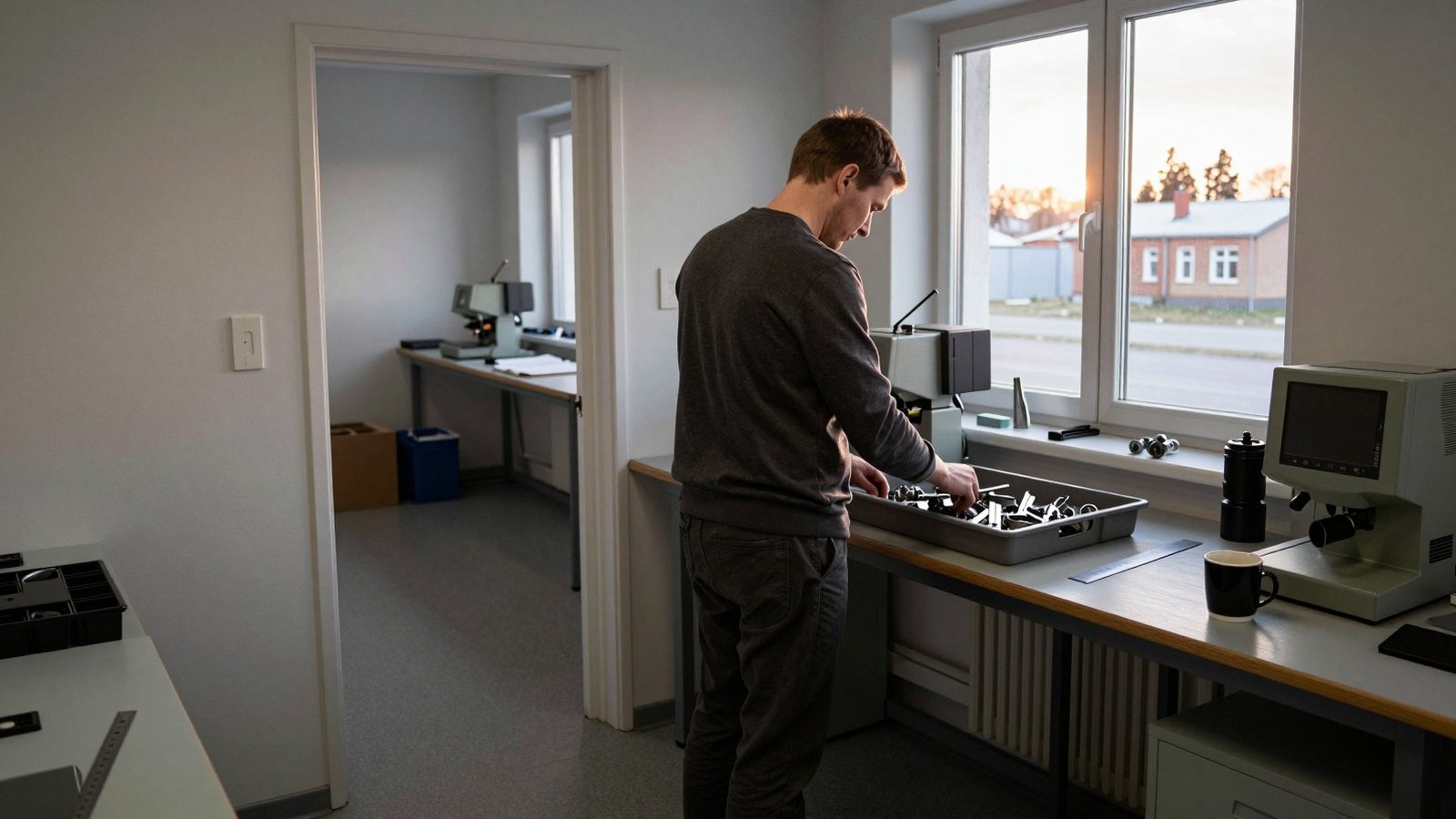 A workshop owner sorts metal parts into a tray in the office beside his shop floor