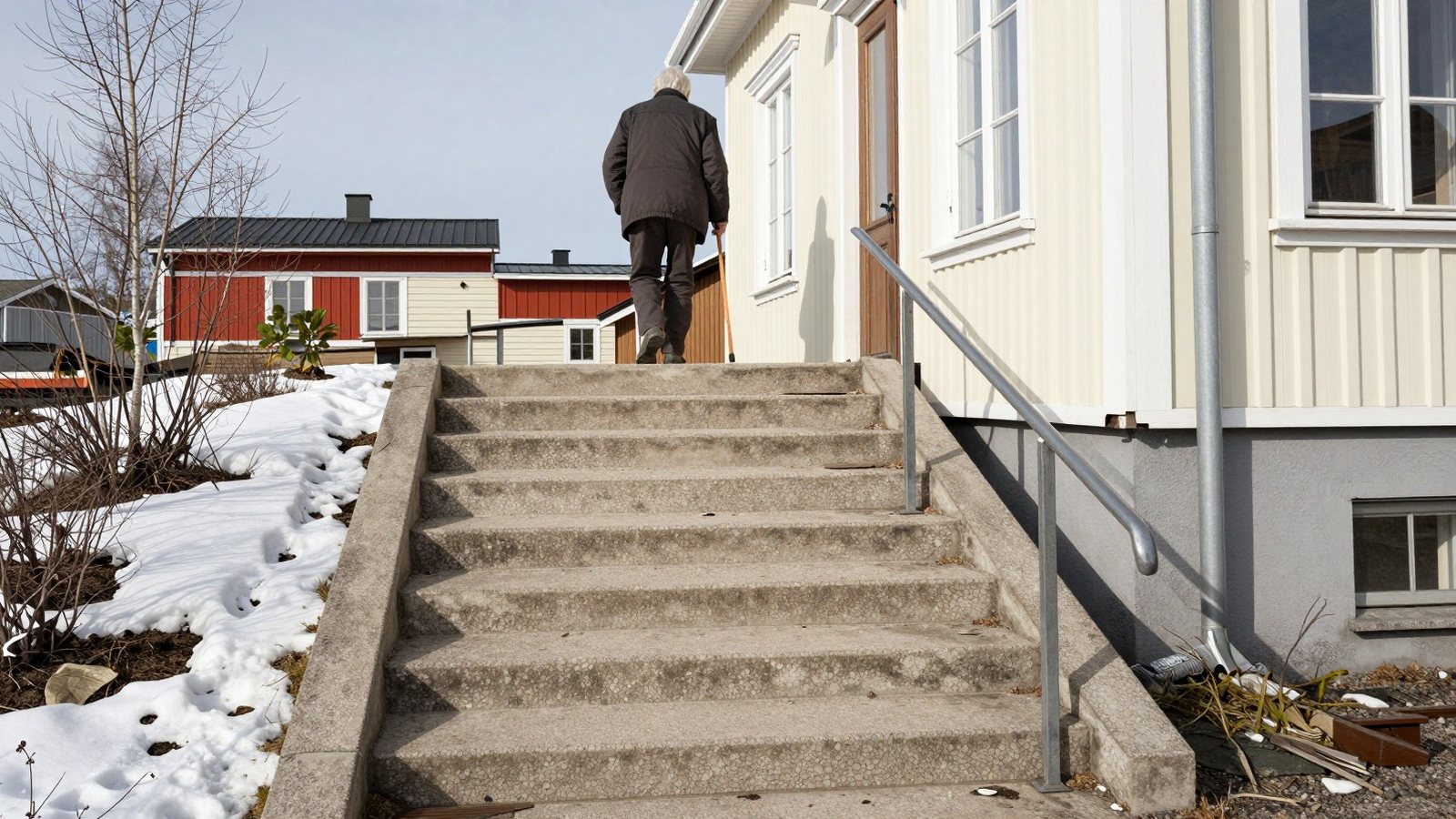 An older customer climbs the ramp beside the steps of a small Finnish shop, one hand on the steel handrail