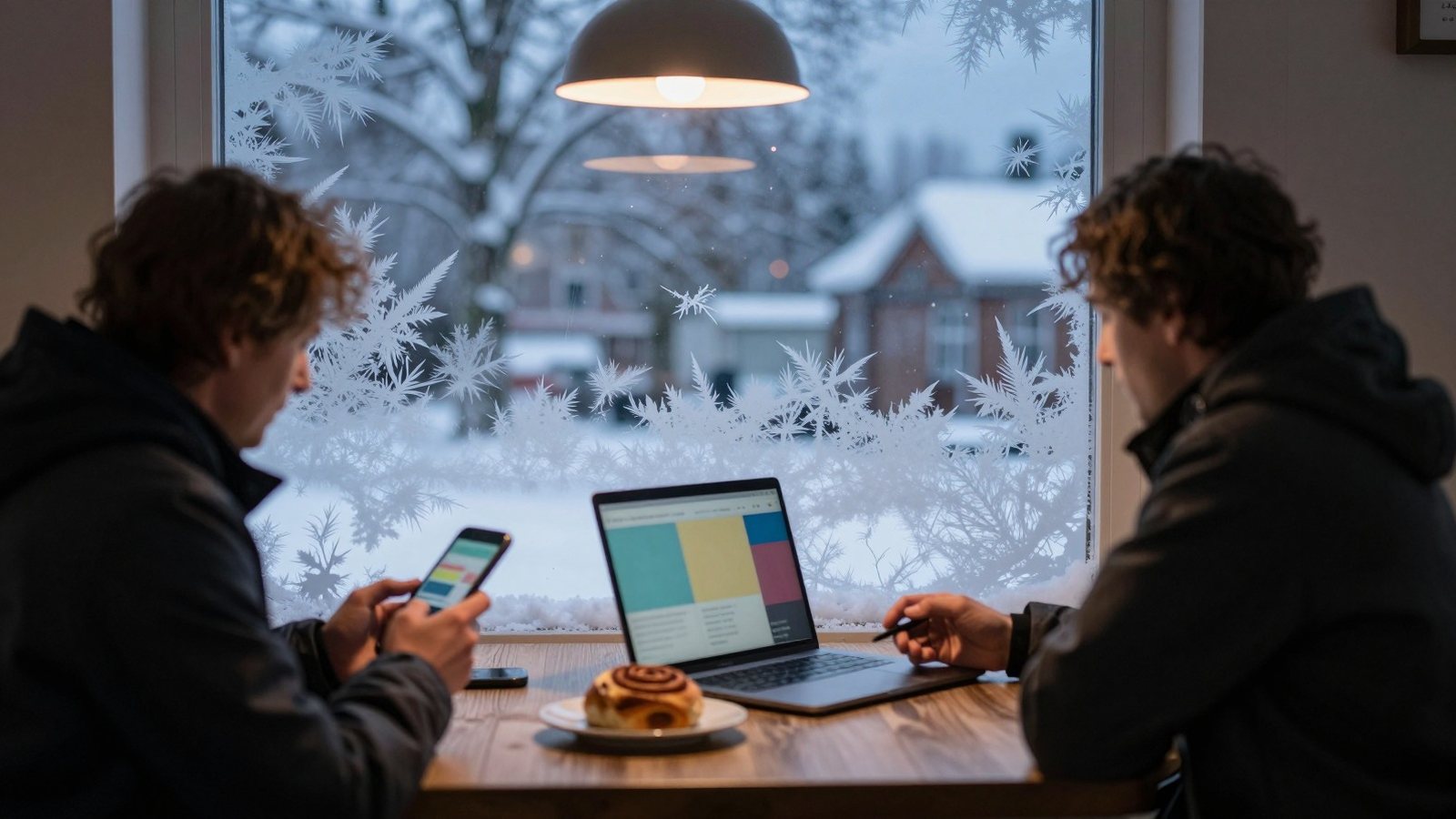 Kahvilan omistaja katsoo puhelinta ja kannettavaa tietokonetta kulmapöydässä talviaamuna