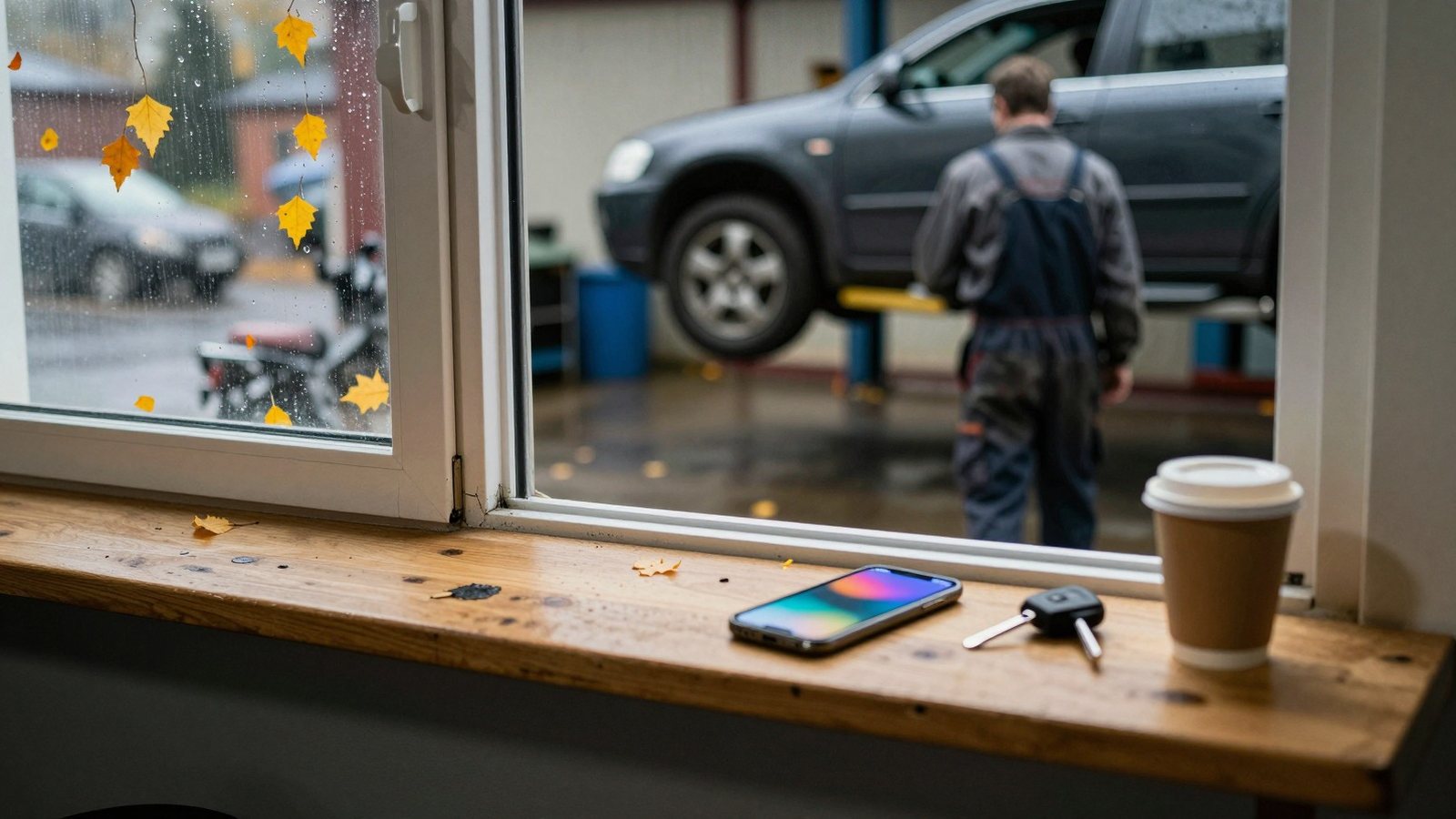 Puhelin ja autonavaimet korjaamon tiskillä, taustalla mekaanikko nostetun auton vieressä syyssateella
