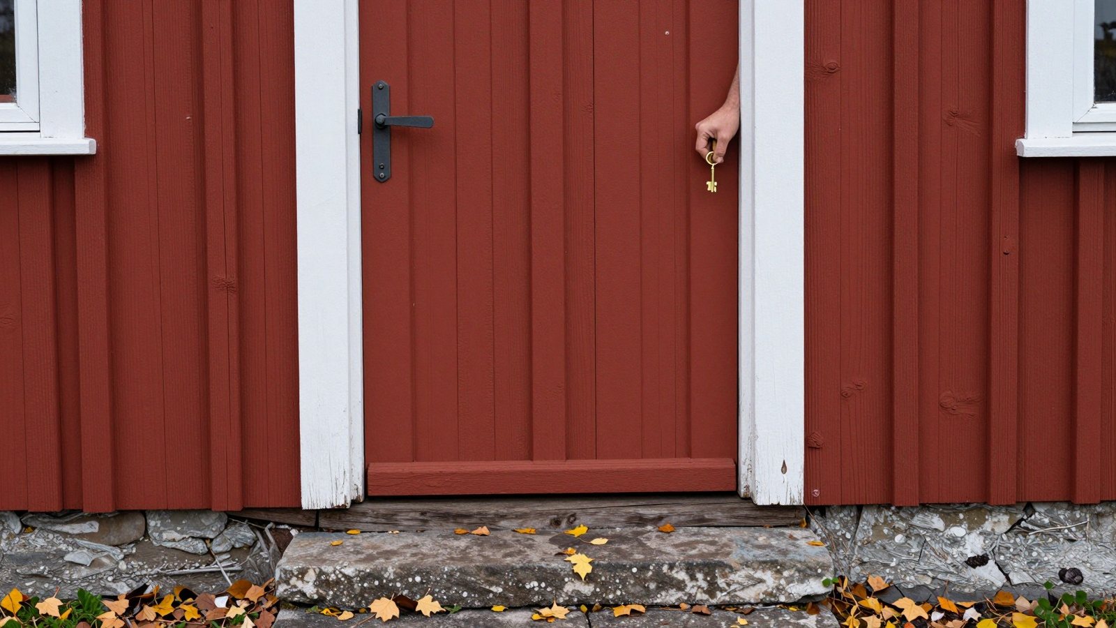 A hand seen from the side turning a brass key in the door of a red wooden house in autumn.