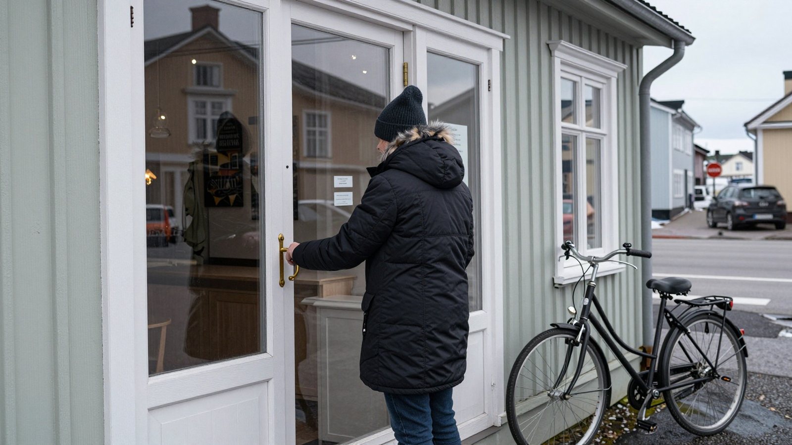 A shop owner opens the door of a small street level shop on a grey Finnish morning