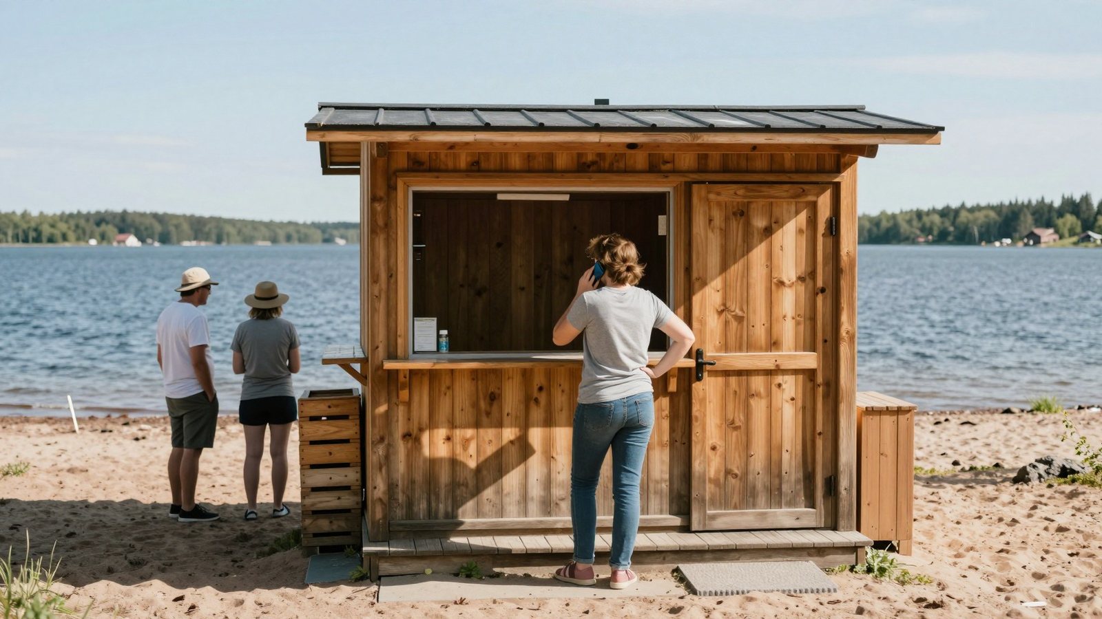 Rantakioskin yrittäjä puhuu puhelimessa kioskin takana heinäkuun lauantaina, taustalla asiakkaita luukulla