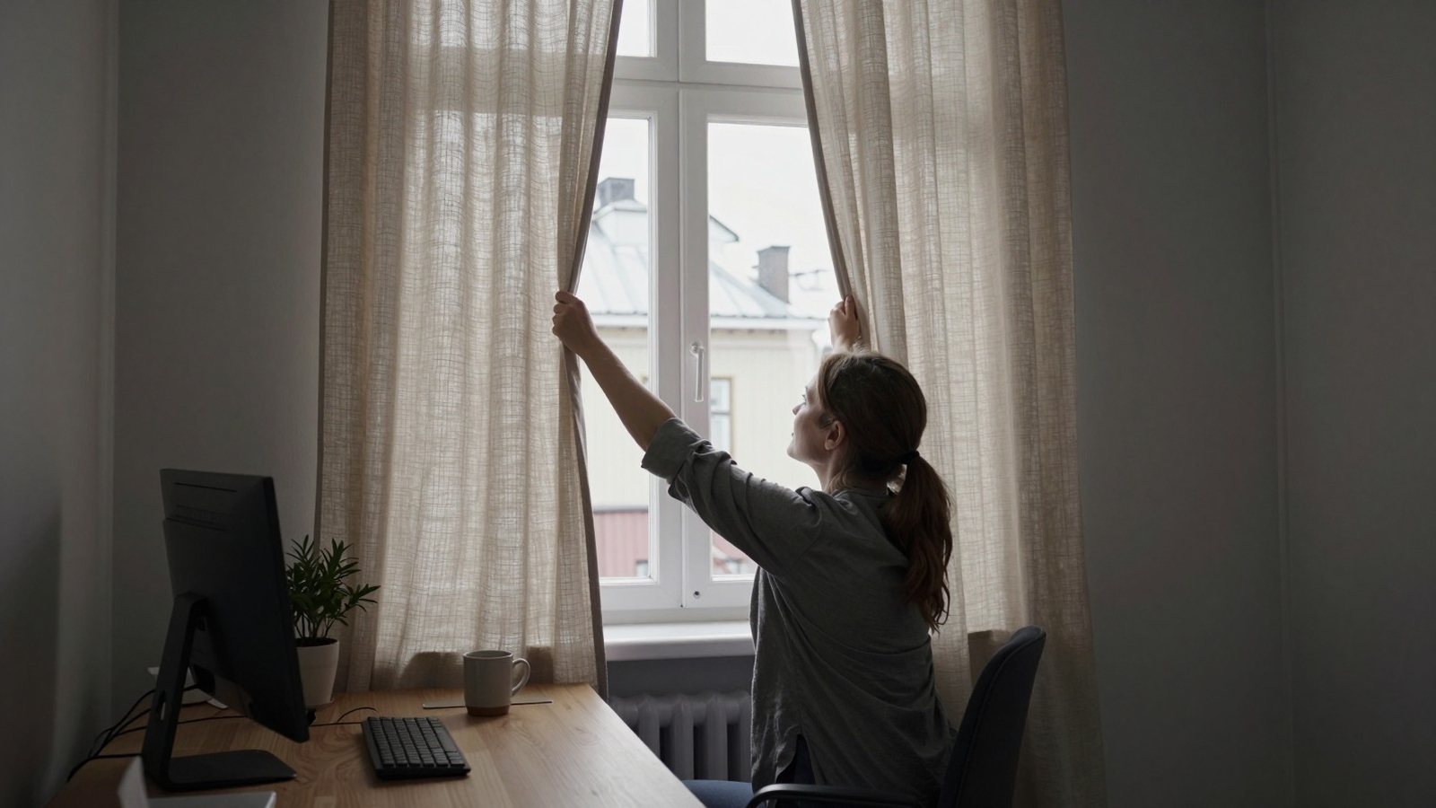 A woman draws a linen curtain across the window of a quiet office in the late afternoon