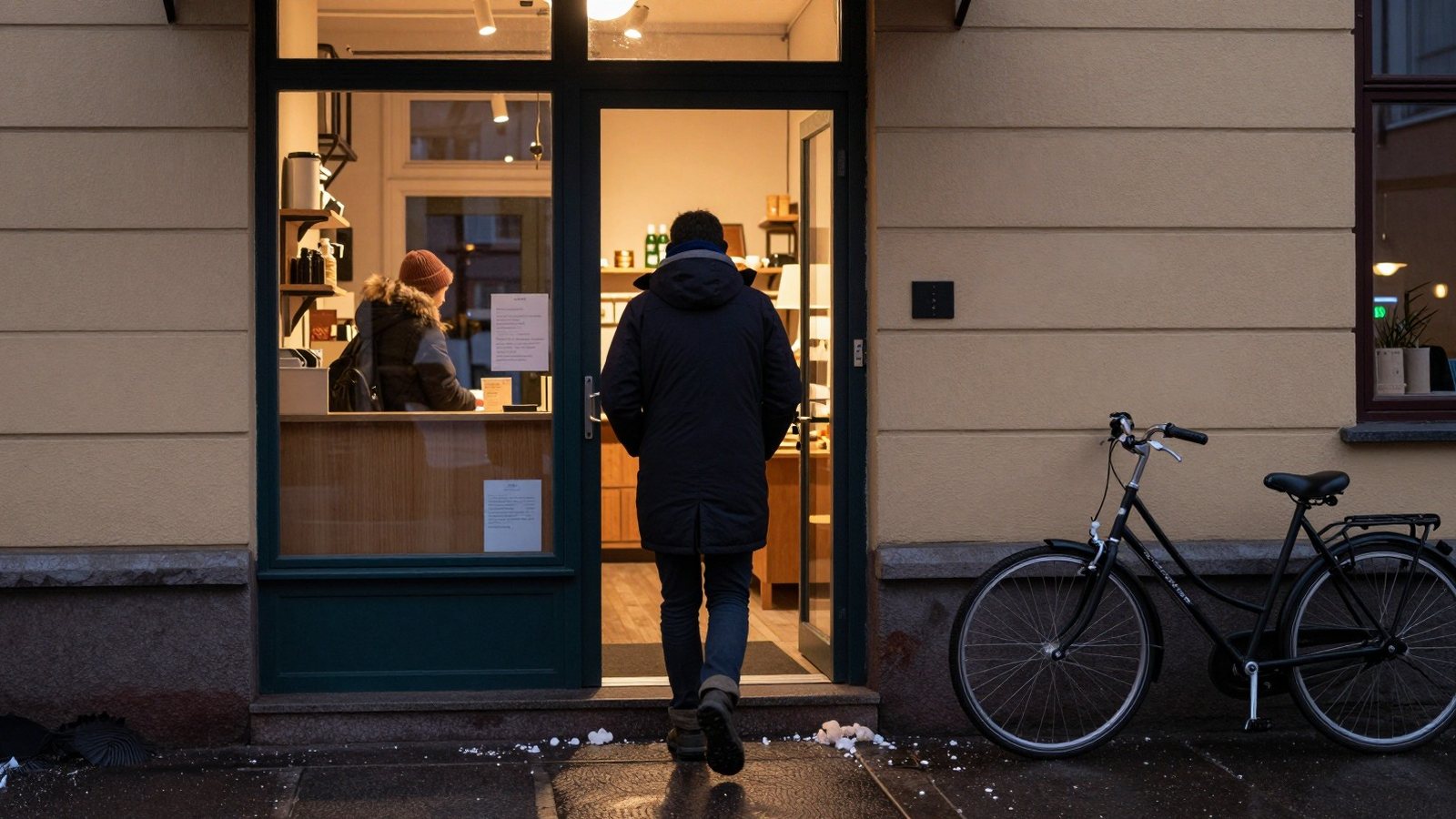 A customer pushes open the door of a small Helsinki shop on a dark afternoon, warm light spilling onto the wet pavement