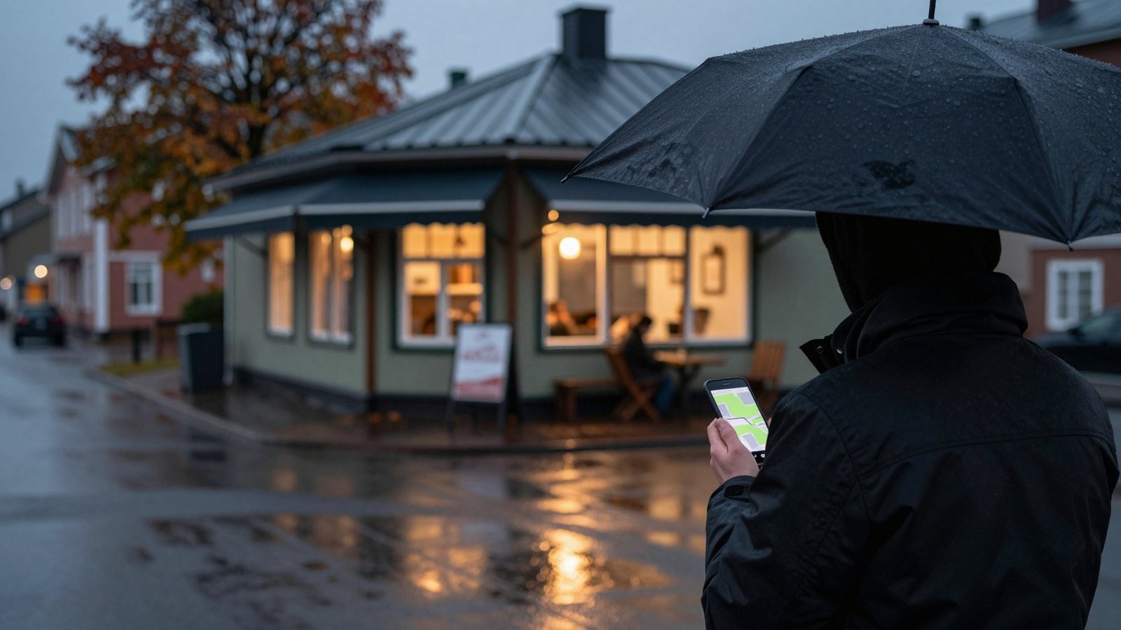 Sateenvarjon alla seisova ihminen katsoo puhelimen karttaa lokakuun iltana, kadun toisella puolella ravintolan valaistut ikkunat