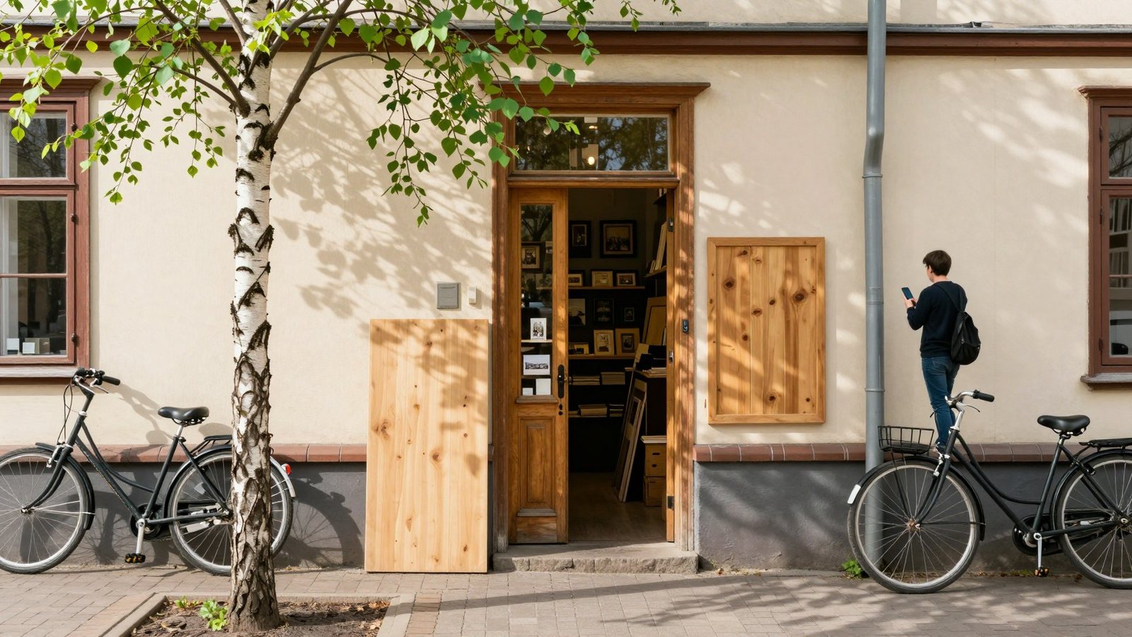 Kehystysliikkeen ovi kevätiltapäivänä, jalkakäytävällä puhelinta katsova kävijä selin kameraan