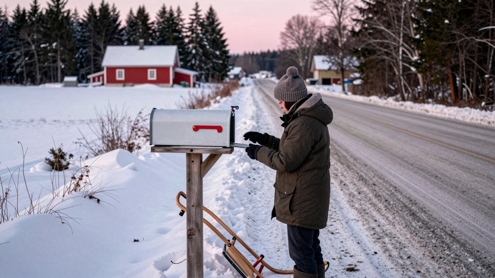 Ihminen katsoo tyhjään postilaatikkoon lumisen soratien varressa tammikuussa, taustalla punainen talo