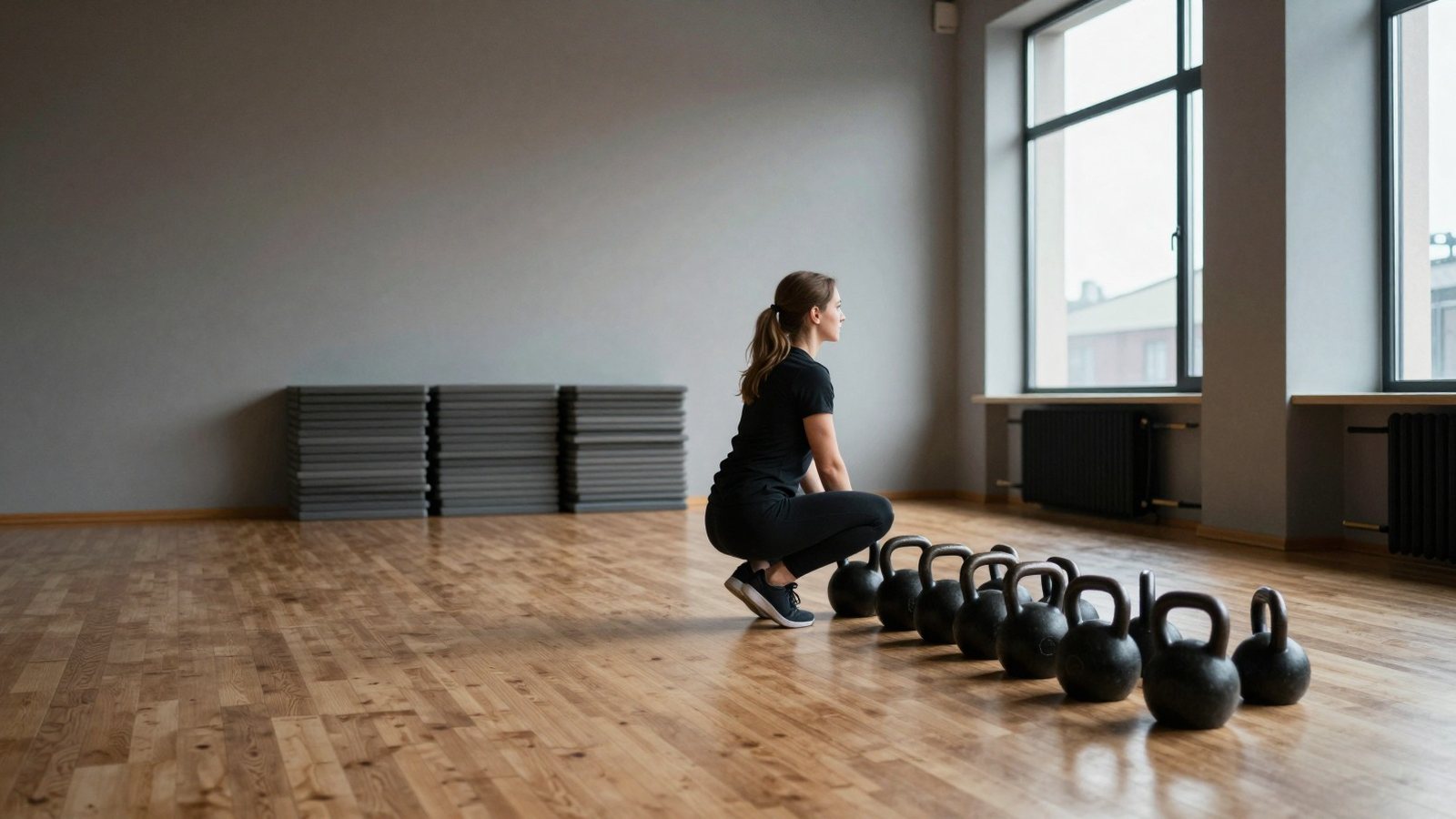 A trainer arranges kettlebells in a row on the floor of an empty gym studio in the morning light