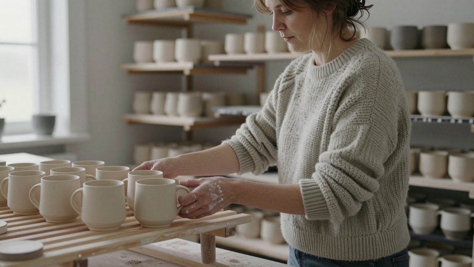 A potter seen from the side lifting unglazed mugs from a wooden drying rack in a small Finnish studio.
