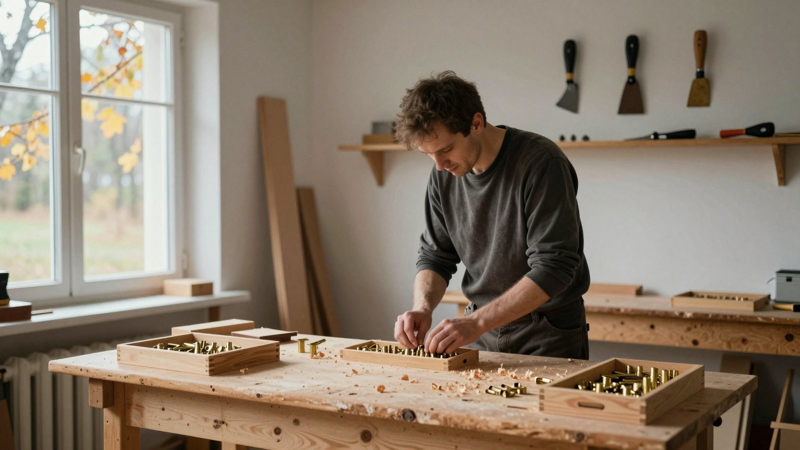 A joiner seen from behind sorting brass fittings into wooden trays at a workbench in a Finnish workshop.