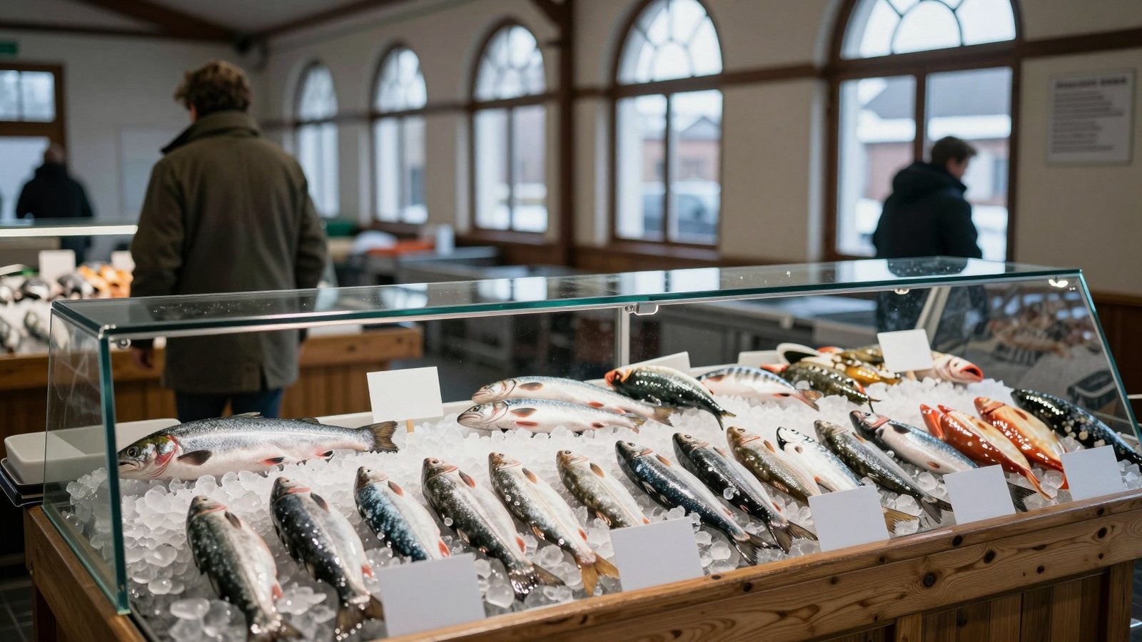 Kauppahallin kalatiski tyhjine hintakortteineen, asiakas kävelee pois selin