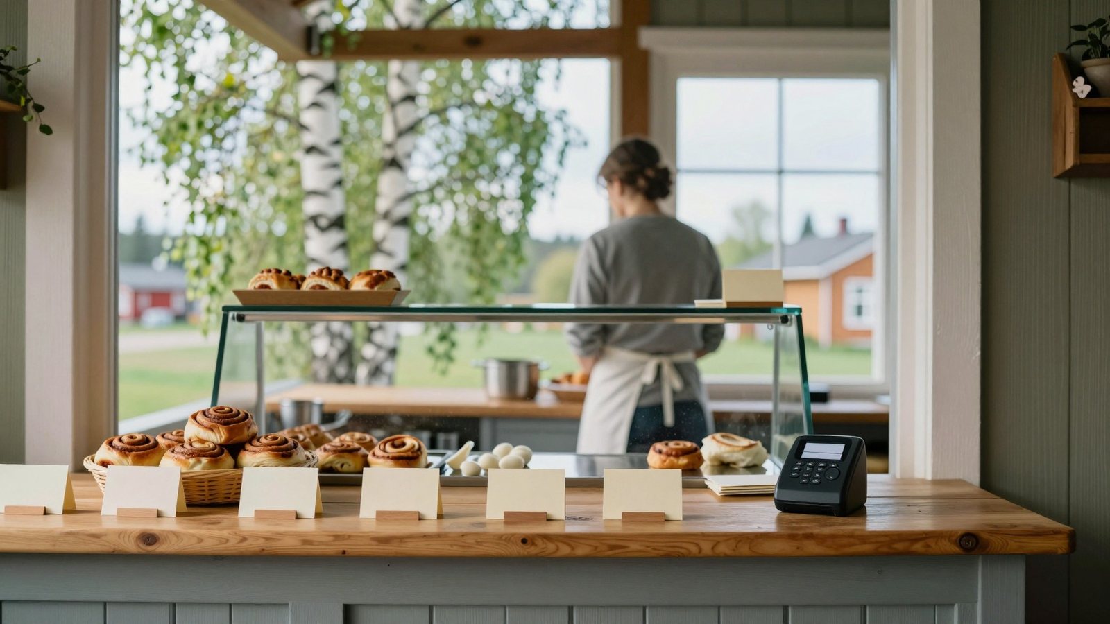 Leipomon puutiski, korvapuusteja korissa ja pieniä kortteja toukokuun aamuna
