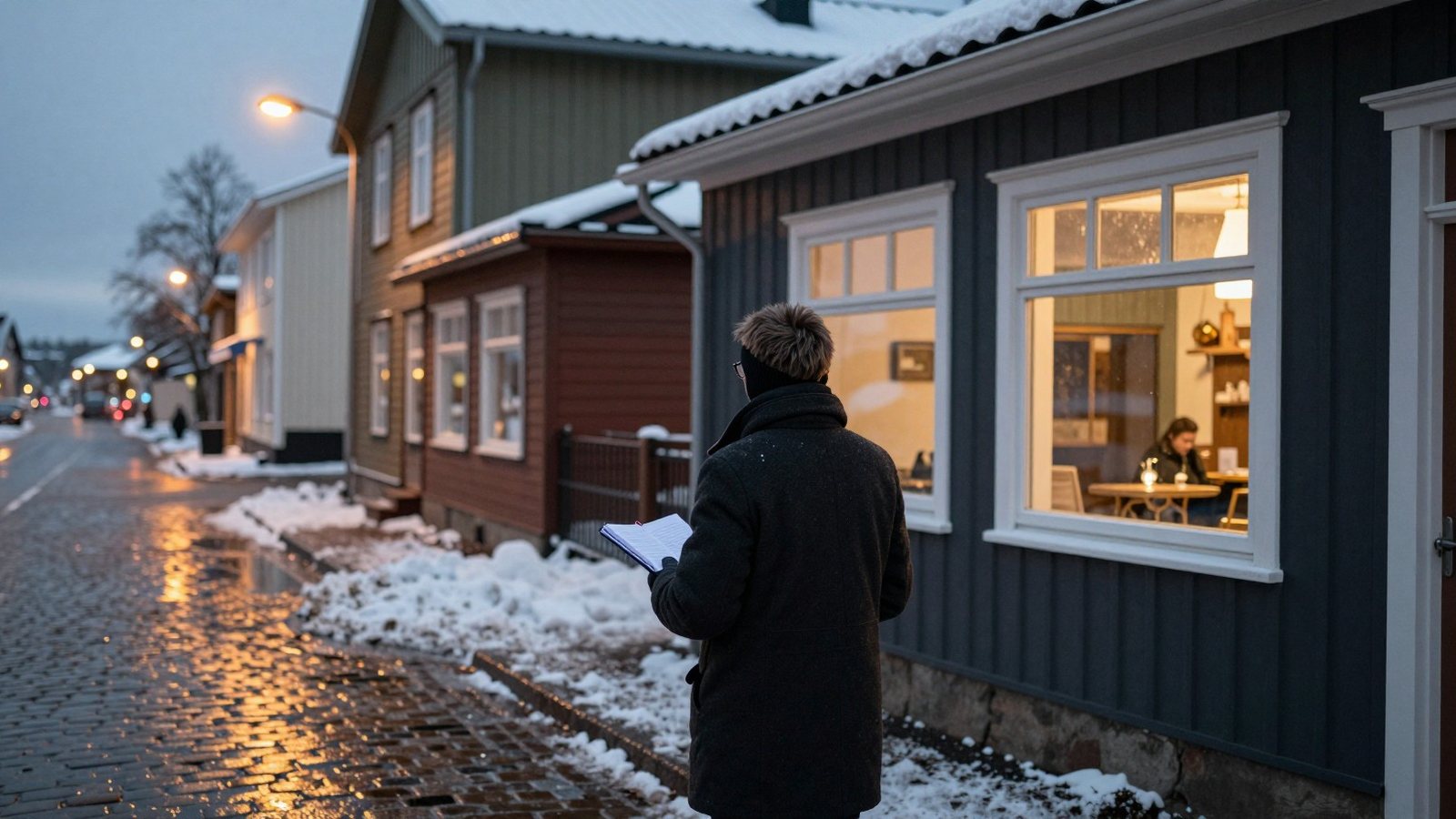 Yrittäjä seisoo selin marraskuun illassa ja katsoo kadun toisella puolella olevan kahvilan valaistua ikkunaa