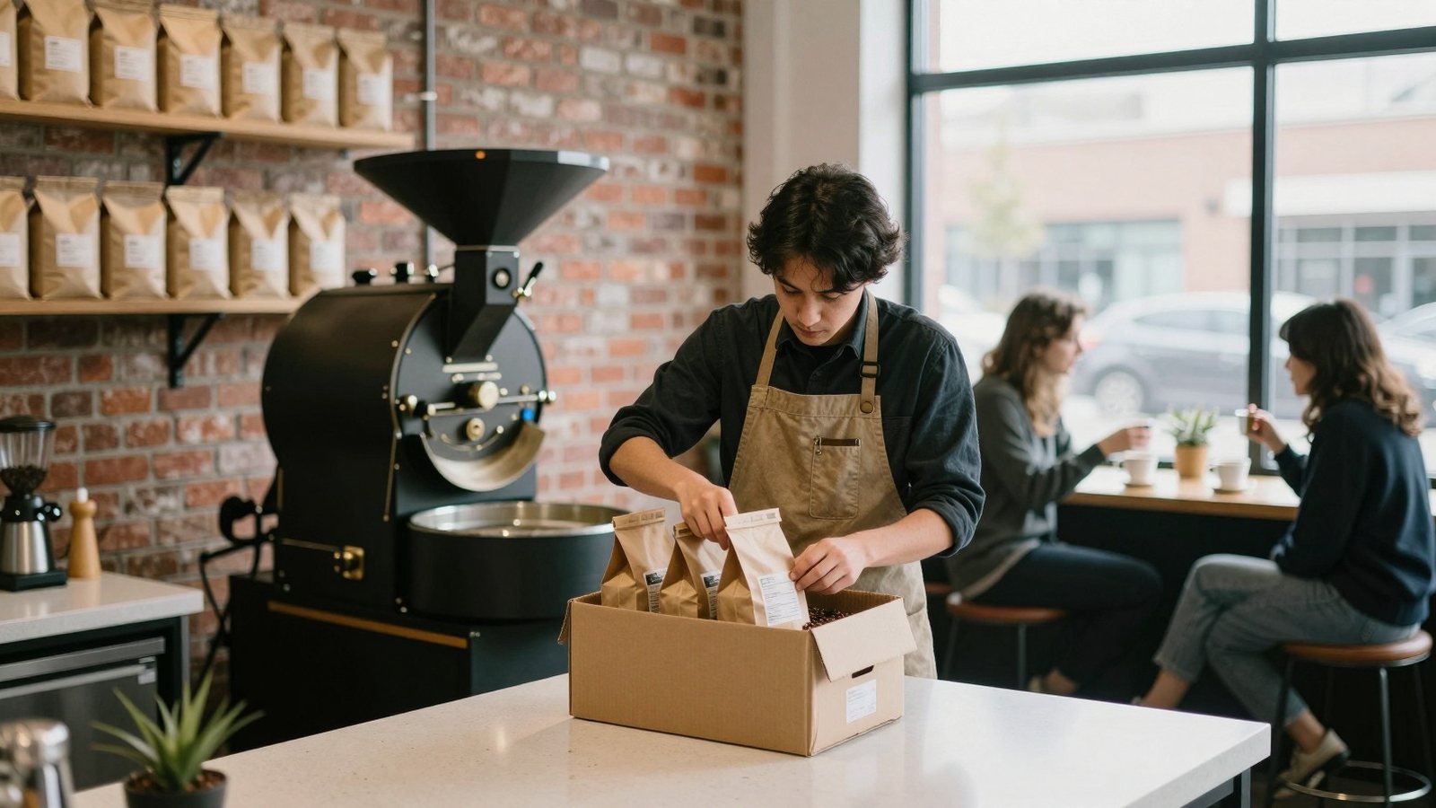 Kahvipaahtimon kahvilassa barista pakkaa kahvipusseja lähetyslaatikkoon, taustalla paahdin ja hyllyt