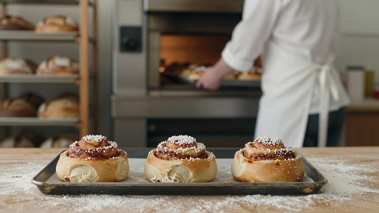 Kolme samanlaista korvapuustia rinnakkain uunipellillä leipomon jauhoisella tiskillä talviaamuna