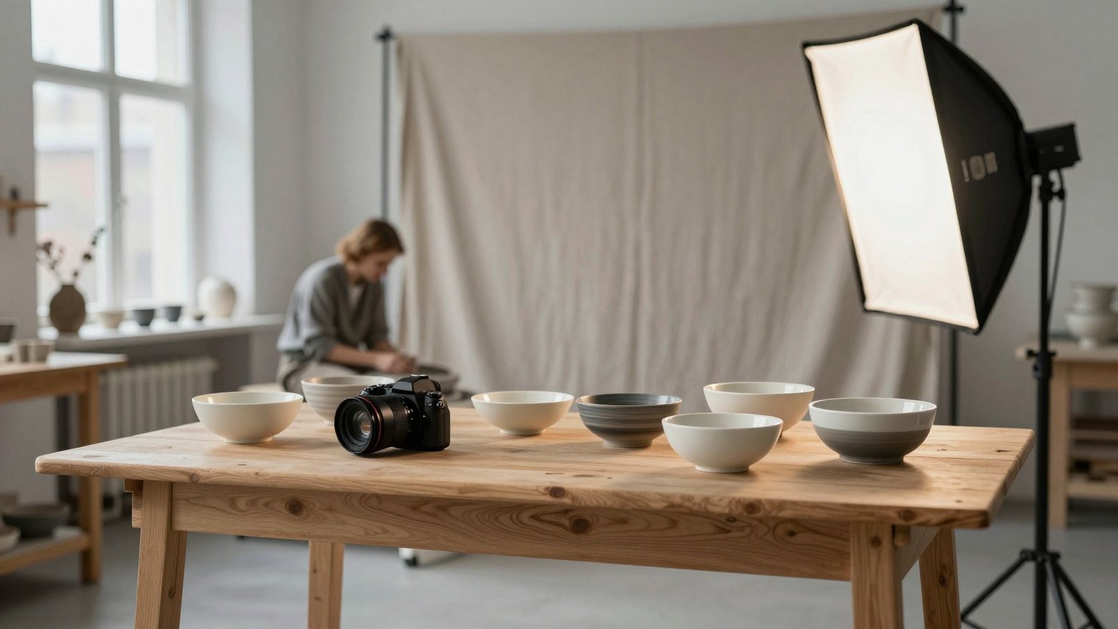 Kamera puupöydällä keramiikkastudiossa, vieressä kuvausta varten asetellut lasitetut kulhot