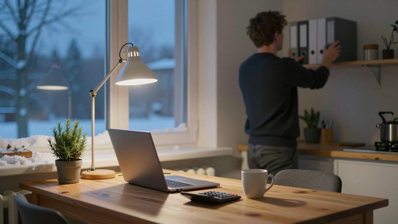 Yrittäjän kotitoimisto talvi-iltapäivänä, keittiönpöydällä suljettu kannettava, laskin ja muki