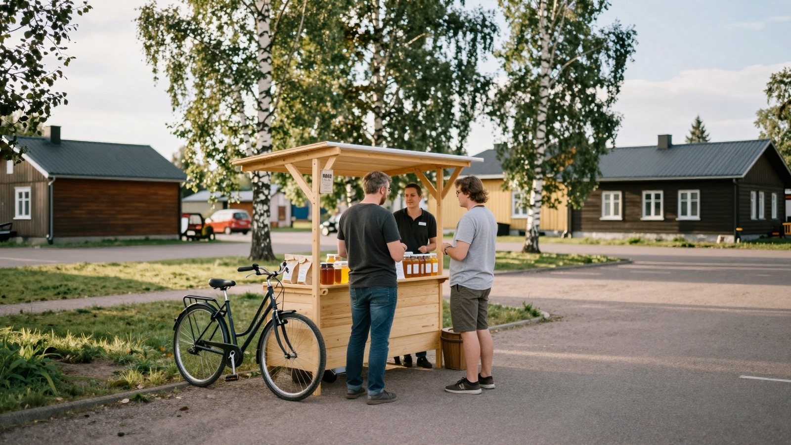 Pikkukaupungin kesätori heinäkuussa, kaksi yrittäjää juttelee puisen myyntikojun vieressä