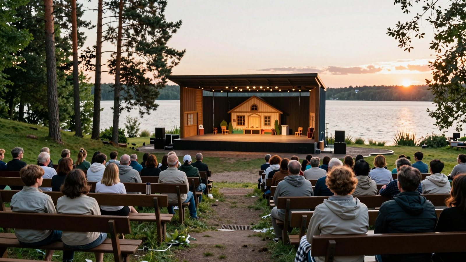 Kesäteatterin katsomo täyttyy järven rannalla heinäkuun illassa, yleisö istuu selin puupenkeillä