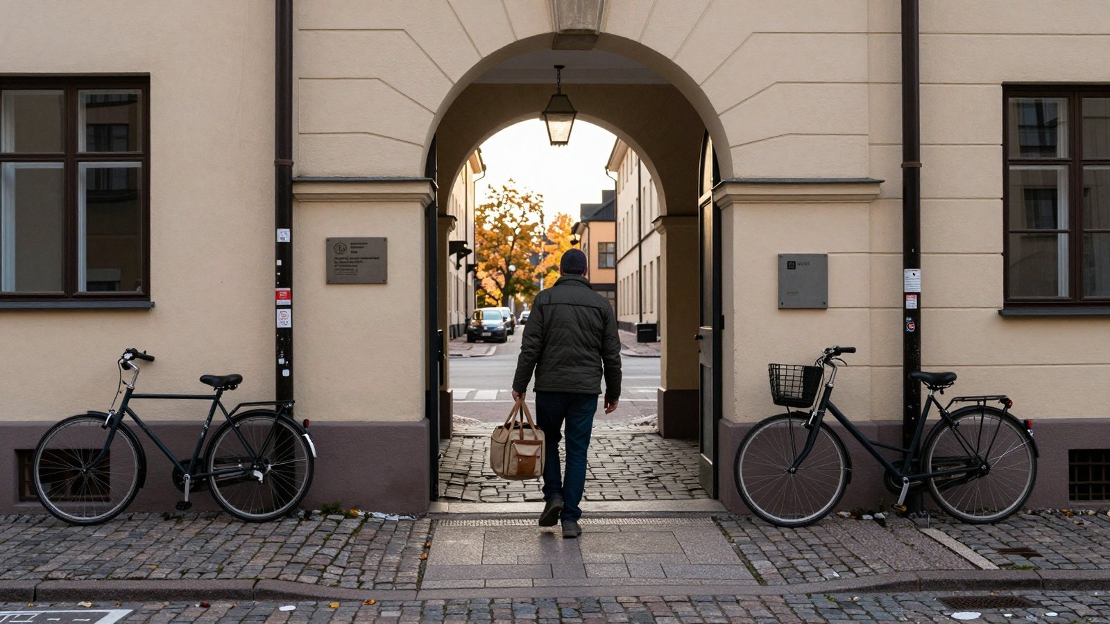 A tradesperson carries a tool bag through a courtyard archway in central Helsinki on an autumn morning