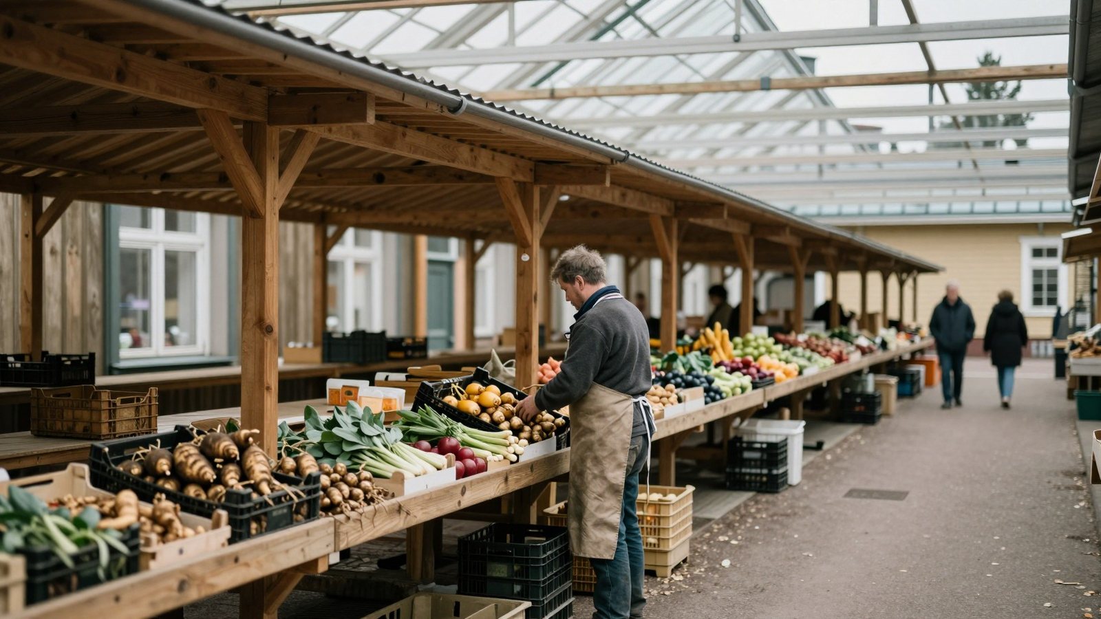 A stallholder arranges crates of vegetables at one of many identical stalls in a Finnish covered market hall