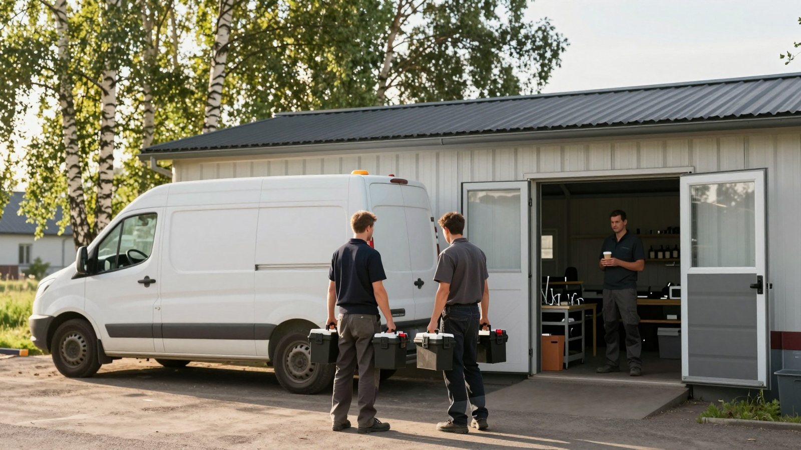 Kaksi työntekijää lastaa työkalulaatikoita pakettiautoon verstaan pihalla kesäaamuna
