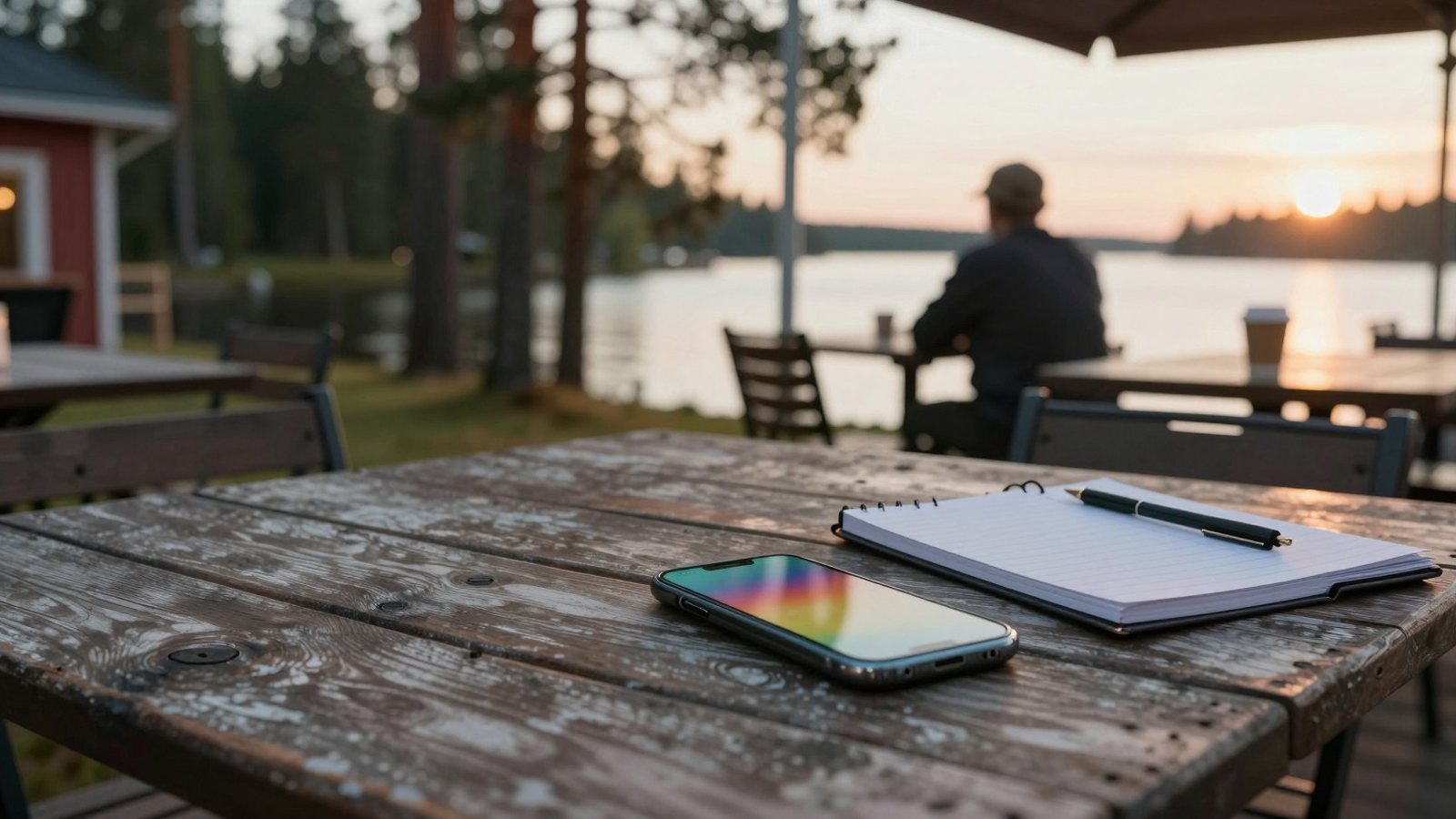 Puhelin, muistikirja ja kahvikuppi järvenrantakahvilan terassipöydällä elokuun illassa