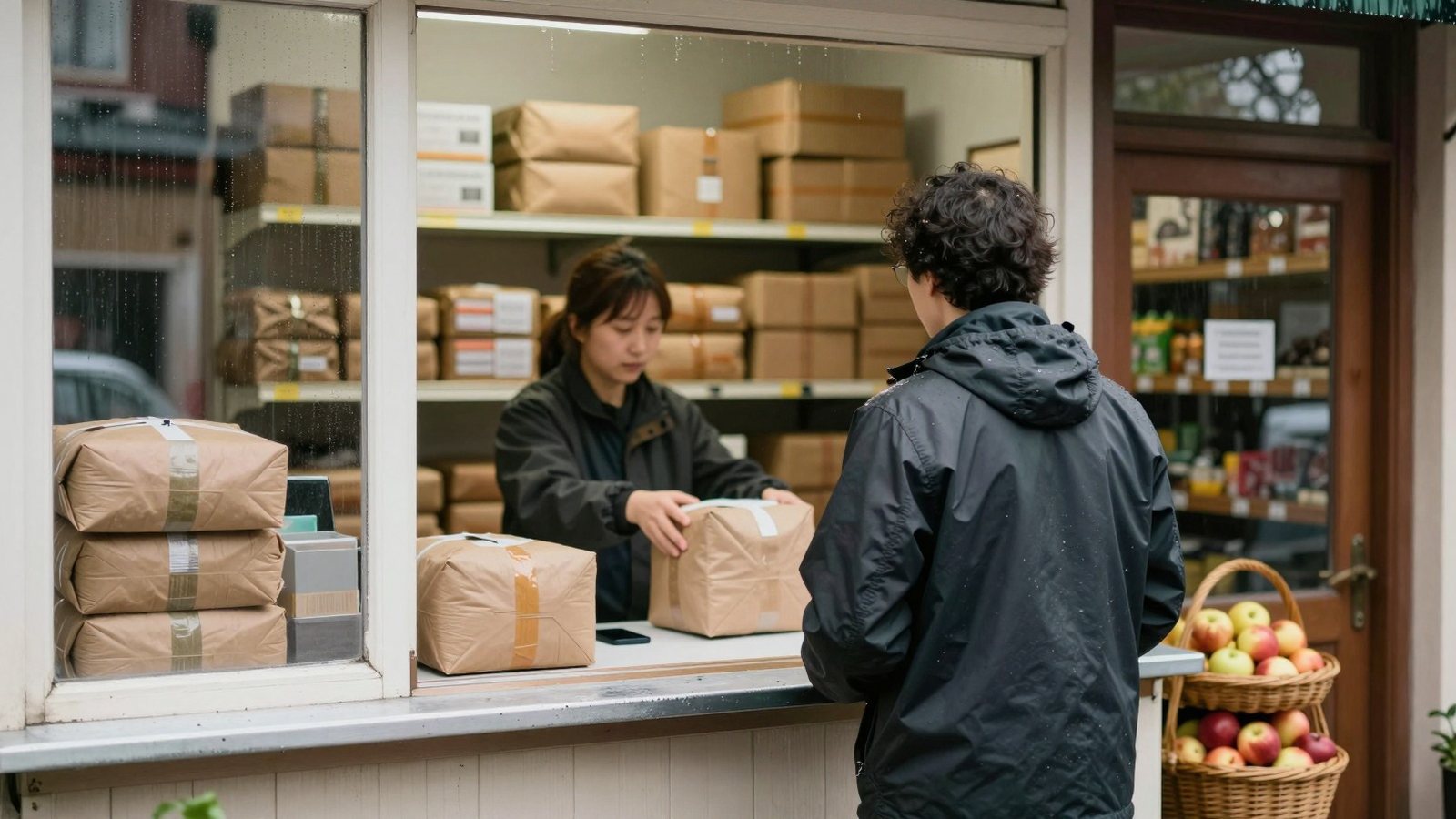 Asiakas odottaa pakettia kyläkaupan noutotiskillä sateisena syyspäivänä, hyllyt täynnä paketteja