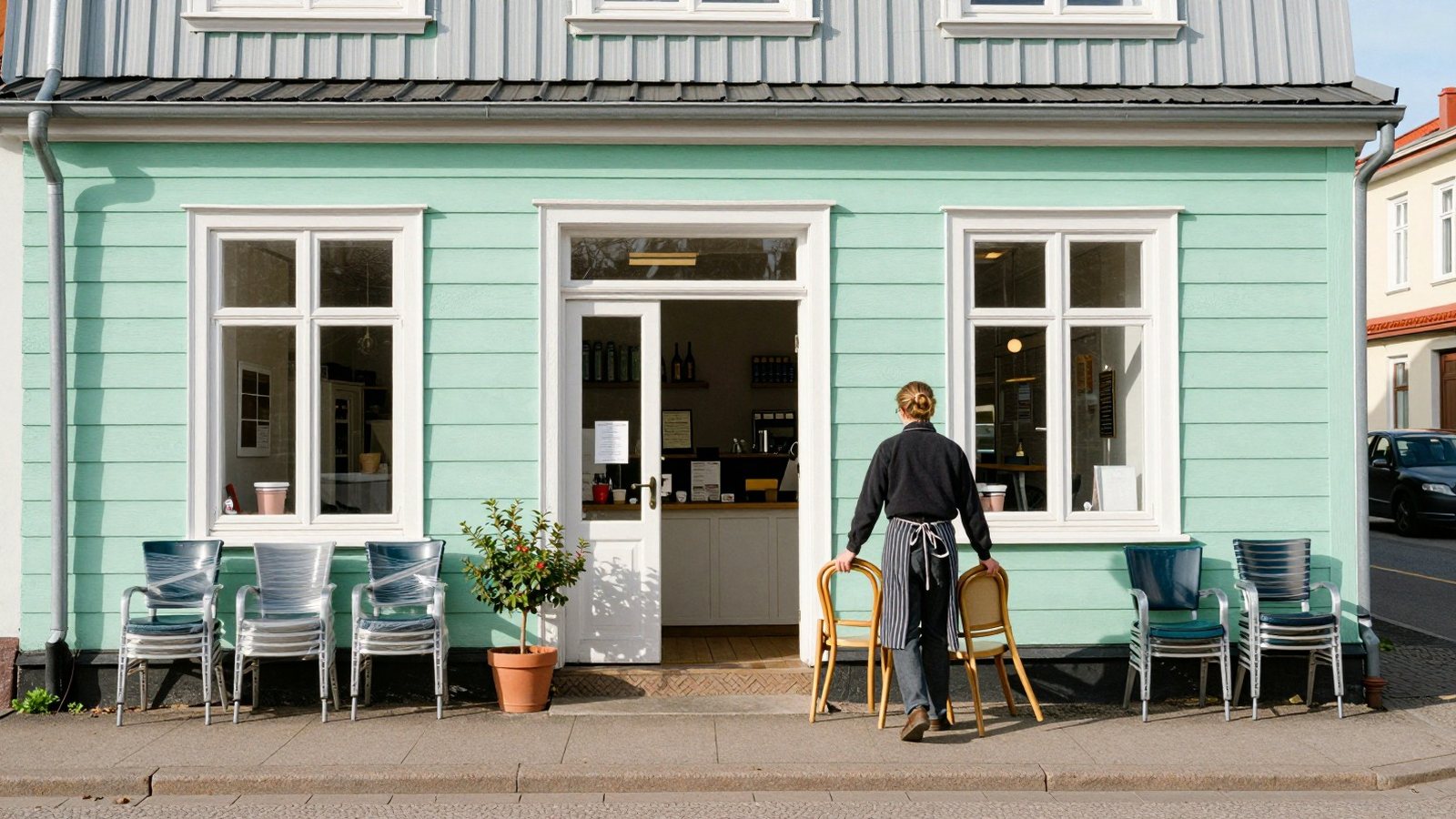 Juuri avatun jäätelöbaarin omistaja kantaa tuoleja jalkakäytävälle toukokuun aamuna