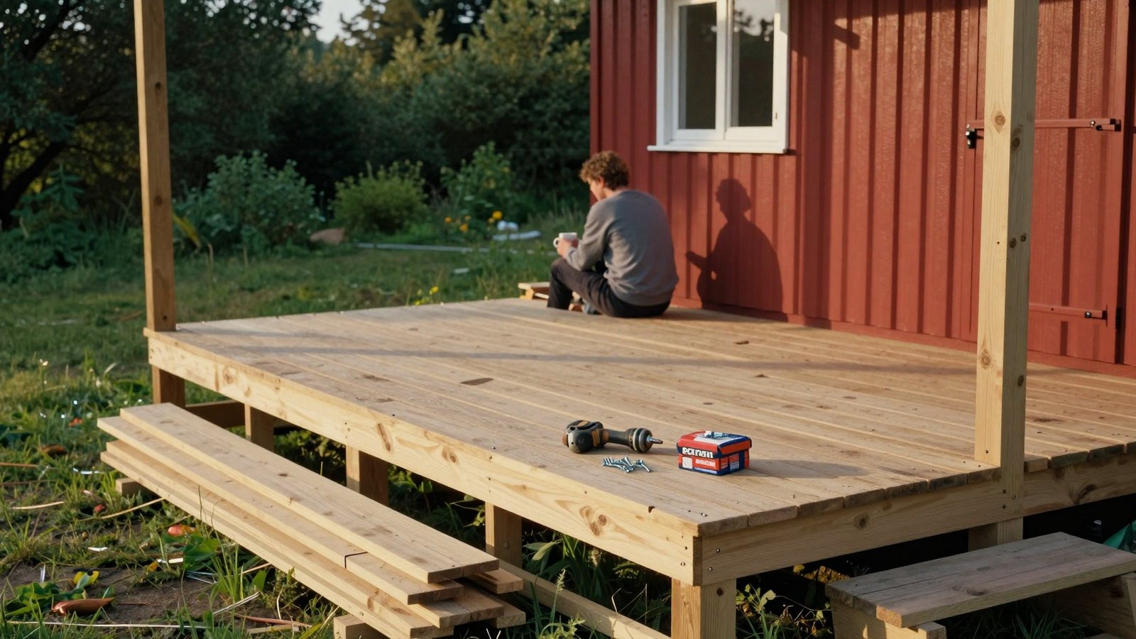 Puolivalmis puuterassi punaisen kesämökin takana heinäkuun illassa, omistaja istuu portailla