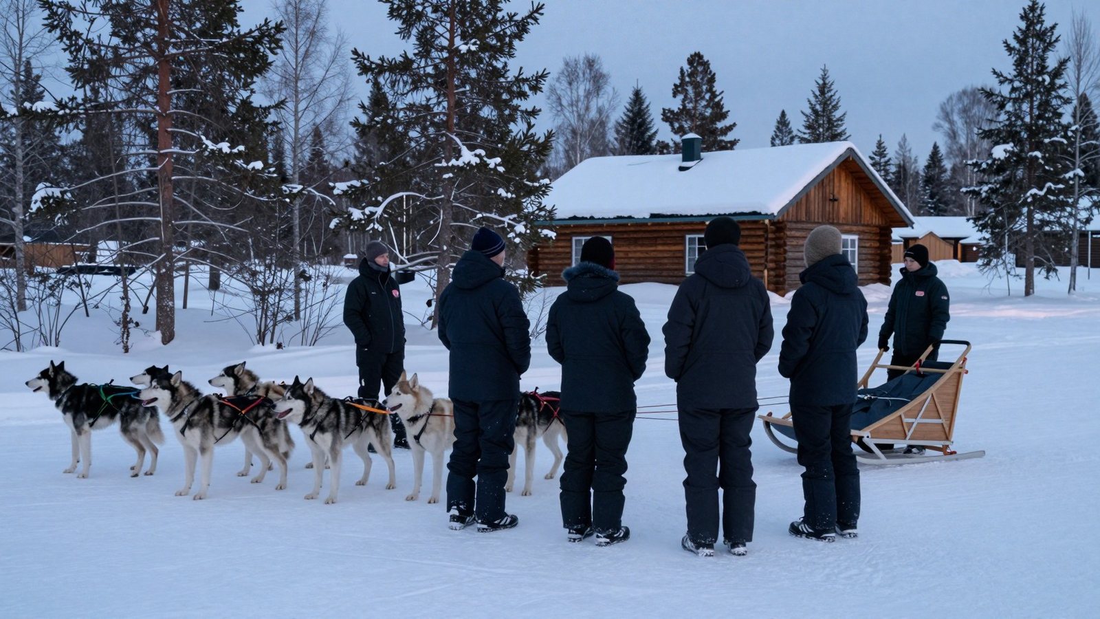 Matkailijat haalareissa kuuntelevat opasta huskytilalla Lapissa, valjastetut koirat odottavat rivissä