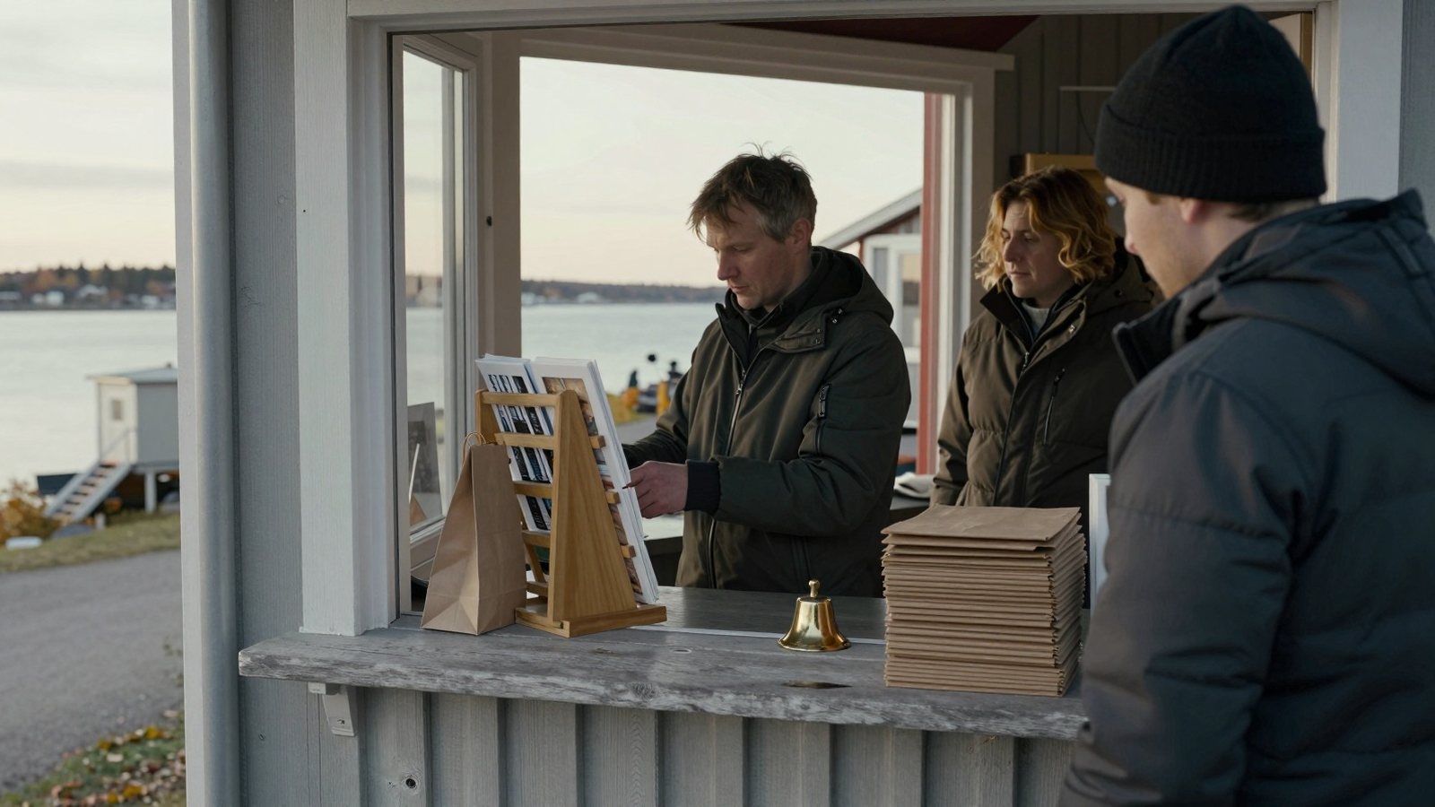 A shopkeeper turns a wooden rack towards a customer at a counter in the morning light of a small coastal shop