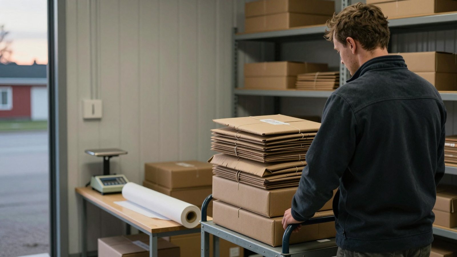A worker stacks plain brown parcels onto a trolley in a small warehouse, lit only by the open loading door
