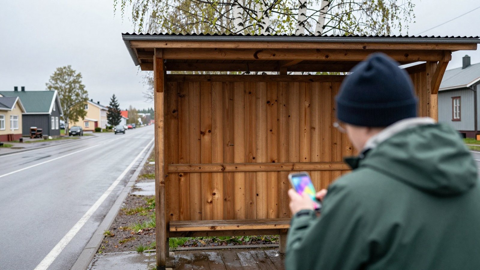 Sadetakkinen ihminen selaa puhelinta puisessa bussikatoksessa sateisena kevätaamuna