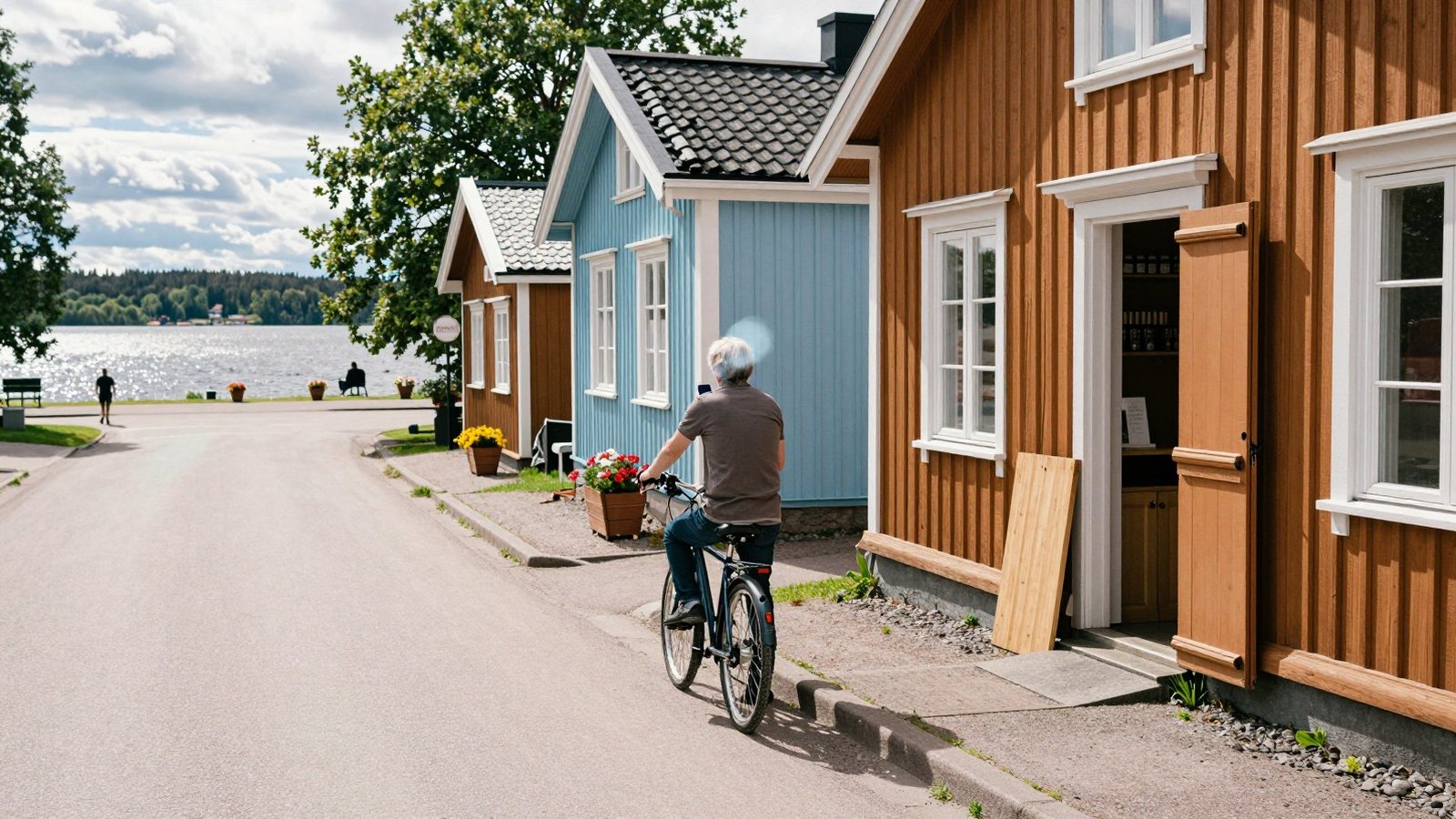 Pyöräilijä katsoo puhelinta pikkukaupungin pääkadulla puisten puotien edessä alkukesällä