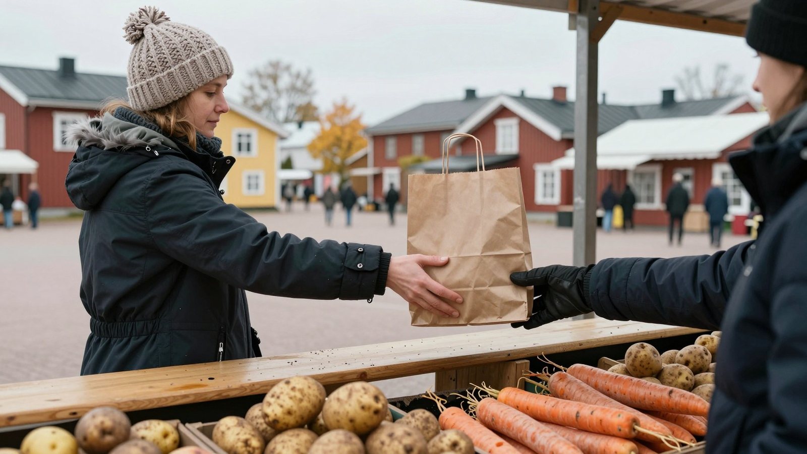 A market seller hands a paper bag across a wooden counter to a customer at an outdoor market in a Finnish town square.
